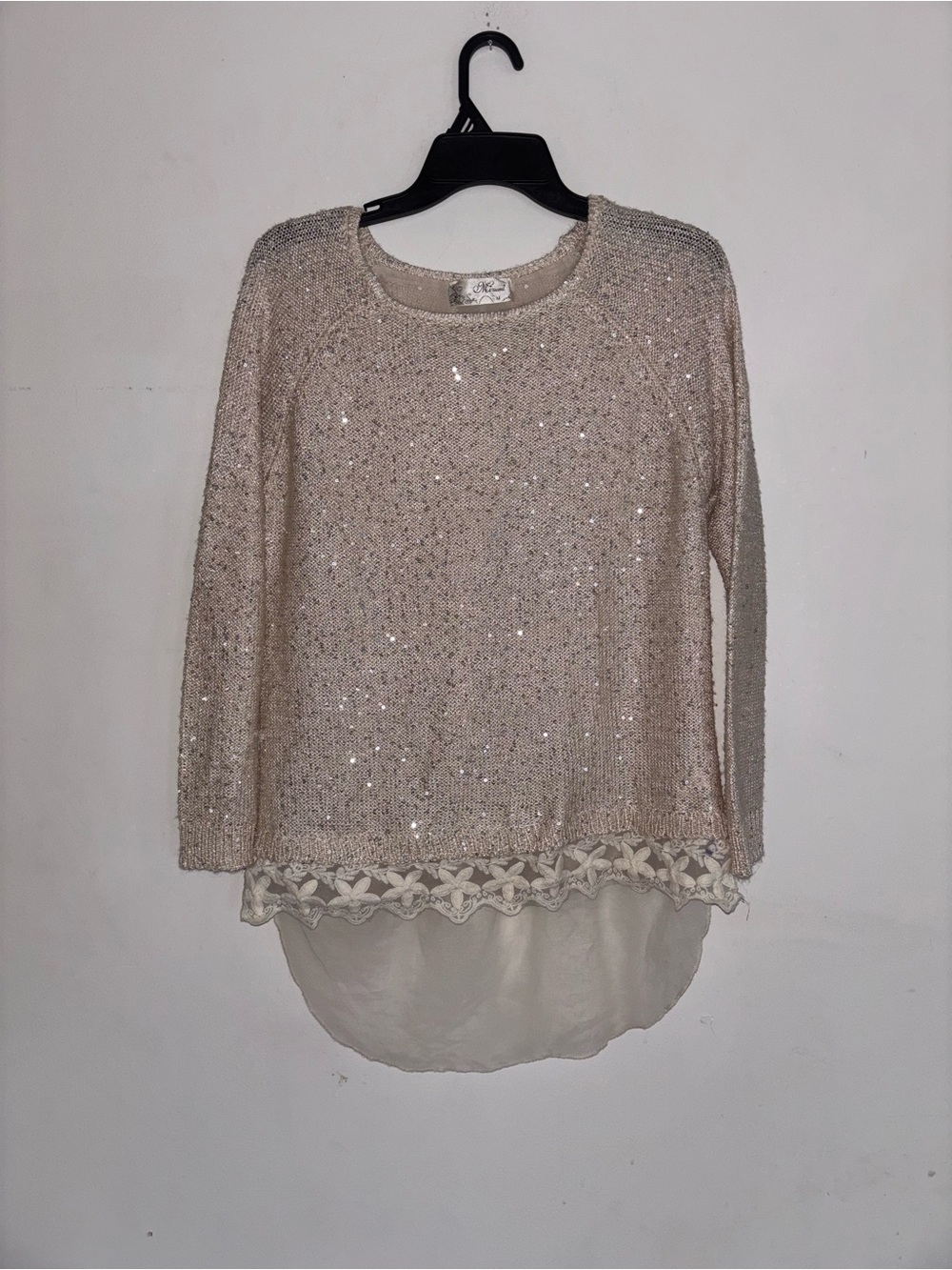 Mizumi Sequin Knit Sweater w Lace Hem Layered Boho Medium